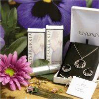 A silver necklace and a pair of earrings and flower-themed perfume, a bookmark, and a key ring
